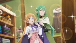  2girls :o anime_coloring ascot blue_eyes blunt_bangs breasts closed_mouth clothes_hanger clothes_shop collared_shirt corset danmachi_battle_chronicle dungeon_ni_deai_wo_motomeru_no_wa_machigatteiru_darou_ka elf folded_clothes game_cg green_eyes green_hair green_robe hair_between_eyes high_ponytail highres indoors lefiya_viridis long_hair long_sleeves looking_at_mirror medium_breasts mirror multiple_girls non-web_source official_art open_mouth orange_hair pink_corset pointy_ears ponytail purple_ascot riveria_ljos_alf robe shirt sidelocks smile trying_on_clothes unworn_clothes white_shirt 