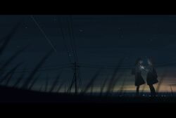  2girls absurdres backpack bag blurry blurry_foreground earphones from_side highres holding holding_phone kneehighs letterboxed listening_to_music long_hair long_sleeves medium_hair multiple_girls nengoro night original outdoors phone pleated_skirt power_lines scenery shared_earphones shirt short_sleeves shoulder_bag signature skirt sky socks standing star_(sky) starry_sky white_shirt wide_shot 