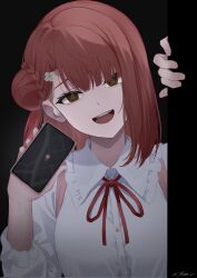 1girl black_background blunt_bangs bow brown_eyes cellphone flower_hairclip google_maps hair_ornament hairclip half_updo highres holding holding_phone long_hair looking_at_viewer love_live! love_live!_nijigasaki_high_school_idol_club mikami_sy phone red_bow red_hair shirt simple_background solo swept_bangs teeth uehara_ayumu upper_body upper_teeth_only white_shirt 