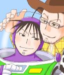  buzz_lightyear cosplay cowboy cowboy_hat crossover disney fullmetal_alchemist glasses hat lowres maes_hughes male oekaki parody pixar roy_mustang sheriff_woody source_request toy_story western what why_are_these_two_so_gay 
