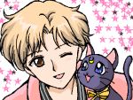  bishoujo_senshi_sailor_moon blue_eyes blush brown_eyes cat couple luna_(sailor_moon) oekaki ribbon wink 