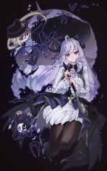  1boy 1girl black_background black_hairband black_hat black_nails black_pantyhose blonde_hair breasts chibi dress drill_hair film_grain hairband hat highres holding holding_umbrella hugo_vlad long_hair looking_at_viewer maka_(mksrw) medium_breasts mole mole_under_eye multicolored_hair outline pantyhose pointy_ears purple_hair purple_outline red_eyes robin_(zenless_zone_zero) shrug_(clothing) streaked_hair umbrella vivian_banshee white_dress white_hair white_shrug zenless_zone_zero 