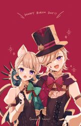  1boy 1girl :d :o absurdres animal_ear_fluff animal_ears aqua_bow black_hat blonde_hair blush bow brother_and_sister cat_ears cat_girl commentary_request copyright_name facial_mark frills genshin_impact gloves happy_birthday hat highres long_sleeves looking_at_viewer lynette_(genshin_impact) lyney_(genshin_impact) one_eye_closed open_mouth red_background red_bow short_hair siblings smile star_(symbol) star_facial_mark tail teardrop_facial_mark top_hat upper_body violet_eyes yanagida_shiina 