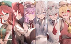  6+girls apron aqua_eyes ascot bat_wings beret black_vest blonde_hair blue_eyes blue_hair book braid braided_sidelock column_lineup commentary_request crescent crescent_hat_ornament demon_girl embodiment_of_scarlet_devil fangs flandre_scarlet floating floating_book floating_object frilled_hat frills green_hat green_vest grey_hair hat hat_ornament head_wings highres hong_meiling izayoi_sakuya kararage_tsune koakuma looking_at_viewer maid maid_apron maid_headdress mob_cap multiple_girls neck_ribbon orange_hair patchouli_knowledge pink_eyes pink_hat pointy_ears profile purple_hair red_ascot red_eyes red_hair red_skirt red_vest remilia_scarlet ribbon robe shirt siblings sideways_glance simple_background sisters skirt skirt_set smile star_(symbol) star_hat_ornament touhou twin_braids undone_neck_ribbon upper_body vest white_apron white_background white_hat white_robe white_shirt wings yellow_ascot 