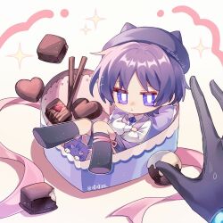  1boy alternate_costume animal_ear_headwear animalization beret black_socks blunt_ends box candy casual cat chibi chocolate closed_mouth collared_shirt contemporary crossed_arms food genshin_impact hakama hakama_shorts hat heart heart-shaped_box heart-shaped_chocolate heart-shaped_food in_box in_container japanese_clothes kneehighs long_sleeves looking_at_viewer male_focus mohu_116 person_and_animalization pink_ribbon pleated_shorts pov pov_hands puffy_sleeves purple_cat purple_hair purple_hat purple_ribbon purple_shorts purple_vest ribbon scaramouche_(cat)_(genshin_impact) scaramouche_(genshin_impact) shirt shorts socks solo twitter_username vest violet_eyes white_background white_shirt white_sleeves wispy_bangs 