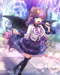  1girl black_shoes black_thighhighs blue_eyes bow bowtie braid braided_hair_rings brown_horns concert copyright_notice demon_girl demon_horns demon_tail demon_wings hair_ornament hair_rings holding holding_microphone horns jacket long_hair lower_teeth_only masaru.jp microphone official_art open_mouth pointy_ears purple_bow purple_bowtie purple_hair purple_skirt purple_trim shirt shoes skirt solo sparkle stage tail teeth thigh-highs ugly_(z/x) white_jacket white_shirt wings z/x 