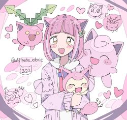  1girl :3 :d animal_ears arched_bangs blush_stickers cardigan cat cat_ears cat_girl chibi chibi_inset closed_eyes dated fangs floating hair_ornament hairclip heart highres holding holding_pokemon hoppip jigglypuff lacey_(pokemon) looking_at_viewer neckerchief open_cardigan open_clothes open_mouth pink_fur pink_hair pokemon pokemon_(creature) pokemon_sv purple_cardigan red_neckerchief remoooon shirt short_hair simple_background skitty smile upper_body white_background white_shirt yellow_eyes yellow_fur 