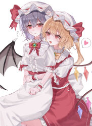  2girls absurdres arm_around_waist bat_wings blonde_hair blush bow bowtie breasts closed_mouth crystal_wings flandre_scarlet flustered flying_sweatdrops frilled_cuffs frilled_hat frilled_sleeves frills frown hair_between_eyes hat hat_ribbon heart highres long_hair looking_at_another mob_cap multiple_girls one_side_up open_mouth pink_shirt pink_skirt puffy_short_sleeves puffy_sleeves purple_hair red_bow red_bowtie red_eyes red_ribbon red_skirt red_vest remilia_scarlet ribbon shirt short_hair short_sleeves simple_background sitting sitting_on_lap sitting_on_person skirt sleeveless sleeveless_shirt small_breasts smile spoken_heart tomura_amane touhou vest white_background white_hat white_shirt wings wrist_cuffs yuri 