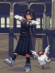  1girl :i bird birdbrain_(synthesizer_v) black_hair chainsaw_man chicken closed_mouth dancing dress fourth_east_high_school_uniform hair_between_eyes hands_under_chin headless highres long_hair looking_at_viewer low_twintails mitaka_asa neck_ribbon pinafore_dress ribbon school_uniform shirousuvan shoes sleeveless sleeveless_dress sneakers solo sweat twintails 