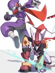  2boys absurdres armor double_soul_(mega_man) forehead_jewel full_body helmet highres in-franchise_crossover kuji-in male_focus mega_man_(series) mega_man_battle_network_(series) mega_man_zx mega_man_zx_advent model_p_(mega_man) multiple_boys ninja omochi_(mochi_skymega) pants purple_armor purple_helmet purple_pants purple_shirt red_scarf scarf shadowman.exe shirt shuriken siarnaq_(mega_man) simple_background weapon white_background 