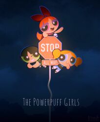  3girls absurdres artist_name black_hair blonde_hair blossom_(ppg) blue_dress blue_eyes blunt_bangs blunt_ends bow bubbles_(ppg) buttercup_(ppg) child clouds cloudy_sky copyright_name dress floating full_body green_dress green_eyes grin hair_bow half-closed_eyes highres long_hair mary_janes multiple_girls noah_(rokoroko) open_mouth orange_hair pantyhose parted_bangs pink_dress pink_eyes powerpuff_girls red_bow road_sign shoes short_hair siblings sign sisters sky smile stop_sign storm_cloud teeth twintails twitter_username watermark white_pantyhose 