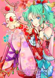  1girl aqua_bow asymmetrical_legwear bare_shoulders blue_eyes boots bow breasts cape closed_mouth creature detached_sleeves dress earrings feet_out_of_frame final_fantasy final_fantasy_vi floating floral_background gold_trim green_hair hair_ornament hair_ribbon highres jewelry leg_ribbon medium_breasts moogle own_hands_clasped own_hands_together parted_bangs pink_background pink_cape ponytail quichi_91 red_boots red_dress red_sleeves ribbon sash short_dress smile tassel tassel_earrings tassel_hair_ornament terra_branford thighs waist_sash 