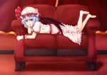  1girl barefoot bat_wings blue_hair couch cup curtains fang hat hat_ribbon head_rest legs_up looking_at_viewer lying mob_cap on_stomach open_mouth ori_(foxdie) puffy_short_sleeves puffy_sleeves red_eyes remilia_scarlet ribbon sash short_hair short_sleeves skirt skirt_set solo touhou wine_glass wings wrist_cuffs 
