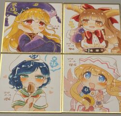  4girls absurdres blonde_hair blue_eyes blue_hair blush bouquet bow bowtie crescent_print dalachi_(headdress) flower gourd green_sailor_collar hair_bow hand_up hat highres holding holding_bouquet holding_gourd horns ibuki_suika junko_(touhou) lily_white long_hair long_sleeves looking_at_viewer multiple_girls murasa_minamitsu open_mouth purple_hat red_bow red_bowtie red_eyes red_tabard sailor_collar sailor_shirt sakurasaka shikishi shirt short_hair short_sleeves tabard touhou traditional_media upper_body white_hat wide_sleeves 