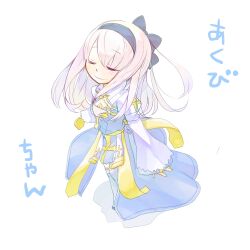  1girl arch_bishop_(ragnarok_online) black_bow black_hairband blue_dress blush bow cleavage_cutout closed_eyes closed_mouth clothing_cutout commentary_request cross dress full_body hair_bow hairband juliet_sleeves long_hair long_sleeves puffy_sleeves ragnarok_online sakutoko sash simple_background smile solo standing thigh-highs two-tone_dress white_background white_dress white_thighhighs yellow_sash 