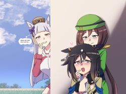  3girls :d against_wall ahoge animal_ears artist_name black_gloves black_hair blue_sash blue_sky blunt_bangs blunt_ends blush boots bow bowler_hat breasts brown_hair brown_hat brown_jacket closed_mouth clouds coat collared_shirt commentary curled_fingers dress_shirt droopy_ears ear_bow ear_covers ear_ornament english_commentary english_text fingerless_gloves flirting foliage front-to-back gloves gold_ship_(umamusume) gradient_hair grass green_eyes green_hat green_jacket green_skirt hair_between_eyes hand_on_another&#039;s_arm hand_on_another&#039;s_cheek hand_on_another&#039;s_chest hand_on_another&#039;s_face hand_on_own_chest hat hayakawa_tazuna heart highres horse_ears horse_girl horseshoe_hat_ornament horseshoe_ornament jacket long_hair looking_at_another looking_down looking_up medium_breasts multicolored_boots multicolored_hair multiple_girls narrowed_eyes neckerchief nose_blush open_clothes open_coat open_mouth outdoors parent_and_child parted_lips peeking peeking_out pillbox_hat ponytail purple_bow racetrack raised_eyebrows red_jacket red_shorts sash shirt shorts signature sitting skirt skirt_suit sky smile speech_bubble standing stay_gold_(umamusume) suit the_freakin_yui thought_bubble track_jacket track_suit tree two-tone_boots umamusume very_long_hair violet_eyes white_hair white_jacket white_shirt yellow_neckerchief 