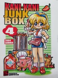  1girl :q animal apron bandana bandana_around_neck black_eyes blonde_hair blue_bow blue_eyes blue_hairband blue_skirt bottle bow bow_hairband chef_hat chili_pepper circle_name closed_mouth clothed_animal collared_shirt commentary_request cooking_pot cover cover_page dated dokidoki_vampire doujin_cover food footwear_bow hairband hand_on_own_hip hand_up hat highres holding holding_ladle hot_sauce isabella_(dokidoki_vampire) kokomahi ladle licking_lips looking_at_viewer miniskirt necktie pencil pig red_apron red_necktie red_shoes sack shelly_(dokidoki_vampire) shirt shoes short_hair skirt sleeveless sleeveless_shirt smile socks tongue tongue_out traditional_media waist_apron white_shirt white_socks wrist_cuffs yellow_bandana yellow_bow 