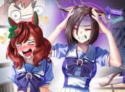  3girls =_= absurdres air_groove_(umamusume) anger_vein animal_ears blush bow bowtie brown_hair classroom clenched_teeth clutching_head drooling ear_bow ear_covers ear_ornament emoji frown ghost giving_up_the_ghost green_bow hair_between_eyes halo headache highres horse_ears horse_girl horse_tail horseshoe_ornament joy_emoji laughing manjo_(warito) medium_hair meme mood_(umamusume) mouth_drool multicolored_hair multiple_girls nice_nature_(umamusume) open_mouth puffy_short_sleeves puffy_sleeves purple_bow purple_bowtie purple_sailor_collar purple_serafuku purple_shirt sailor_collar sailor_shirt school_uniform scowl serafuku shaded_face shirt short_hair short_sleeves skirt skull streaked_hair tail teardrop teeth tokai_teio_(umamusume) tracen_school_uniform trembling umamusume wheeze_comic_(meme) wheeze_emoji white_skirt wings 