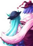  blue_hair hat hinanawi_tenshi leaf multiple_girls nagae_iku purple_hair sakuraba_yuuki shawl touhou 