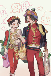  ! !! !? 2boys bag black_hair black_jacket bridge_piercing candy eye_contact face_piercing fang feet_out_of_frame firecrackers food freckles grocery_bag hat high_collar highres identity_v jacket lollipop looking_at_another male_focus mike_morton mike_morton_(bohea) multicolored_shirt multiple_boys norton_campbell norton_campbell_(sparrow) official_alternate_costume pants piercing red_eyes red_hat red_lips red_pants scar scar_across_eye scar_on_face shanghai_neckline shopping_bag skin_fang sleeve_rolled_up spring_onion stitched_mouth stitches swirl_lollipop tsuntenponten yellow_eyes yellow_trim 