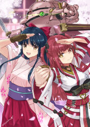  2girls :d arm_up black_bow black_hair blunt_bangs blurry blurry_foreground bow brown_eyes brown_gloves closed_mouth fingerless_gloves floral_print_sleeves gloves hair_bow hakama hakama_skirt highres holding holding_hands holding_sword holding_weapon hololive houshou_marine japanese_clothes jun_(rellik_&amp;_redrum) katana kimono long_hair long_sleeves looking_at_viewer mecha multiple_girls obi pink_kimono pleated_skirt purple_sash red_hakama red_skirt robot sakura_taisen sash shinguuji_sakura signature skirt smile straight_hair sword twintails weapon white_kimono wide_sleeves 