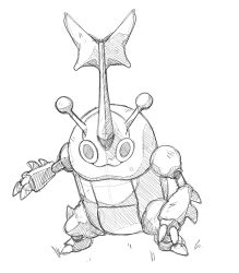 antennae beetle bug claws closed_mouth commentary english_commentary full_body greyscale hatching_(texture) heracross highres horns looking_at_viewer monochrome no_humans pokemon pokemon_(creature) pokemon_focus pr_quote simple_background single_horn sketch solo standing white_background 