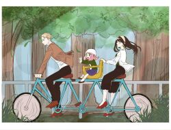  1boy 2girls anya_(spy_x_family) bicycle black_hair black_pants black_skirt blonde_hair blue_shorts border breasts brown_jacket brown_shoes cardigan child closed_eyes closed_mouth earrings forest full_body gold_earrings grass green_eyes green_jacket grey_shirt hairband helmet highres jacket jewelry light_blush long_hair medium_breasts medium_hair multiple_girls nature open_mouth outstretched_arms pants pink_hair red_shoes riding riding_bicycle shirt shoes short_hair shorts sidelocks sitting sketch skirt smile socks spy_x_family tree twilight_(spy_x_family) umini_ikukara white_border white_cardigan white_hairband white_helmet white_shirt white_socks yor_briar 