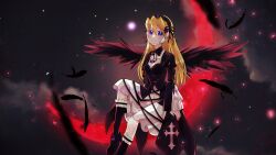  1girl black_dress black_wings blonde_hair blue_eyes blurry blurry_foreground blush breasts ciel_(mega_man) commission crescent_moon dress feathered_wings highres long_hair mega_man_(series) mega_man_zero_(series) moon night red_moon rikka_(user_hruv2435) sitting solo vgen_commission wings 
