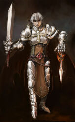  1boy armor armored_boots belt boots breastplate brown_belt brown_tabard chainmail closed_mouth commentary_request cross cross_of_prontera full_body grey_background holding holding_sword holding_weapon human_scabbard leg_armor looking_at_viewer lord_knight_(ragnarok_online) male_focus naoki_(naoieo) pauldrons polearm ragnarok_online red_eyes seyren_windsor short_hair shoulder_armor solo spear spiked_gauntlets standing sword tabard weapon white_hair 