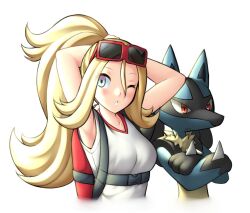 1girl ;o armpits arms_behind_head backpack bag blonde_hair blue_eyes commentary dress eyewear_on_head hair_between_eyes hashtag-only_commentary korrina_(pokemon) looking_at_viewer lucario one_eye_closed pinguinkotak pokemon pokemon_(anime) pokemon_(creature) pokemon_xy_(anime) ponytail sleeveless sleeveless_dress sunglasses tying_hair upper_body white_dress