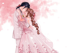  1boy 1girl aerith_gainsborough babigonice bare_shoulders black_hair bridal_veil brown_hair cherry_blossoms closed_eyes couple crisis_core_final_fantasy_vii dress drill_hair drill_ponytail drill_sidelocks earrings english_commentary falling_petals feet_out_of_frame final_fantasy final_fantasy_vii flower flower_dress forehead-to-forehead from_side hair_flower hair_ornament hair_ribbon hand_on_another's_back hand_on_another's_cheek hand_on_another's_face heads_together height_difference hetero hug jacket jewelry long_hair low_ponytail open_mouth pants parted_bangs petals pink_dress ponytail profile ribbon sidelocks smile standing stud_earrings suit_jacket veil wedding_dress white_jacket white_pants zack_fair 