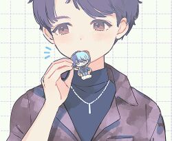  1boy aoyagi_touya arms_at_sides black_shirt blazer blue_hair brown_eyes brown_hair diagonal-striped_clothes diagonal-striped_necktie facing_viewer food food_in_mouth hand_up holding holding_food itou_kent jacket jewelry kamiyama_high_school_uniform_(project_sekai) kinomi_3030 long_sleeves male_focus multicolored_hair necklace necktie notice_lines open_clothes open_jacket project_sekai real_life school_uniform shirt short_hair solo split-color_hair striped_clothes turtleneck two-tone_hair upper_body voice_actor voice_actor_connection 