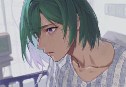  1boy 8083_blue bed collarbone commentary_request ensemble_stars! green_hair hospital_bed kazehaya_tatsumi light_particles looking_ahead male_focus mole mole_under_eye parted_lips shirt short_hair solo striped_clothes striped_shirt upper_body violet_eyes 