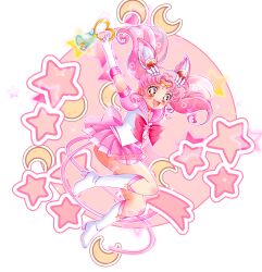  absurdres back_bow bishoujo_senshi_sailor_moon bishoujo_senshi_sailor_moon_stars boots bow chibi_usa choker cone_hair_bun crescent crystal_carillon double_bun elbow_gloves floating gloves hair_bun hair_ornament high_heels highres jewelry long_hair magical_girl pink_choker pink_hair pink_sailor_collar pink_sleeves puffy_short_sleeves puffy_sleeves red_bow red_eyes sailor_chibi_moon sailor_collar sailor_senshi_uniform short_sleeves smile star_(symbol) super_sailor_chibi_moon_(stars) teruhii twintails white_boots white_gloves 