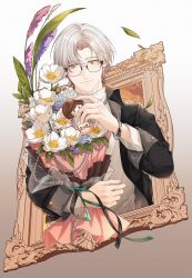 1boy absurdres black_jacket blue_flower blue_rose bouquet commentary_request flower gradient_background grey_background highres hugging_object jacket long_sleeves male_focus open_clothes open_jacket picture_frame rosa_(tears_of_themis) rose shirt solo t0uka_o1 tears_of_themis vyn_richter_(tears_of_themis) white_flower white_shirt 