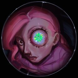  1boy absurdres bishounen black_background brown_eyes english_commentary eye_focus eyelashes green_eyes heterochromia highres horror_(theme) jojo_no_kimyou_na_bouken karasichekbulk long_hair looking_at_viewer male_focus parted_lips pink_hair portrait purple_sweater ribbed_sweater round_image solo sweater teeth vento_aureo vinegar_doppio 