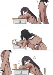  2girls ? bang_dream! bang_dream!_it&#039;s_mygo!!!!! black_hair blush brown_dress brown_hair chinese_commentary closed_eyes commentary_request desk dress hanasakigawa_school_uniform highres juice_box kiss kissing_cheek long_hair mole mole_under_eye multiple_girls sailor_dress school_desk school_uniform shiina_taki simple_background sleeping spoken_question_mark white_background yahata_umiri you100086 yuri 