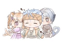  1girl 2boys animal_ears bandana blue_hair cat_boy cat_ears cat_girl chibi chibi_only coat coat_on_shoulders commentary_request cross-laced_clothes cross-laced_top fire_emblem fire_emblem:_radiant_dawn fire_emblem_heroes japanese_clothes kyza_(fire_emblem) kyza_(tiger_of_fortune)_(fire_emblem) lyre_(fire_emblem) lyre_(new_year)_(fire_emblem) multiple_boys official_alternate_costume pirate_costume ranulf_(considerate_gaze)_(fire_emblem) ranulf_(fire_emblem) short_hair simple_background tail white_background yuno_(isn_iisynitkr) 