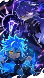  2boys arm_up arms_up black_capelet black_coat black_gloves blue_fire blue_lips capelet coat commentary_request crossed_bangs crossover double-parted_bangs fire flins_(genshin_impact) genshin_impact gloves gradient_hair grin highres holding holding_lantern idia_shroud lantern level-k lipstick long_hair looking_to_the_side makeup male_focus multicolored_hair multiple_boys sharp_teeth sideways_glance smile teeth twisted_wonderland very_long_hair wing_collar yellow_eyes 