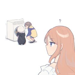 3girls ? bang_dream! bang_dream!_it&#039;s_mygo!!!!! black_shirt blue_eyes blue_hoodie brown_hair commentary grey_hair hashtag-only_commentary highres hood hoodie jewelry kaname_raana multiple_girls nagasaki_soyo necklace shirt short_hair simple_background squatting takamatsu_tomori two-tone_hoodie umaa42 washing_machine white_background white_hair white_shirt yellow_hoodie 