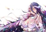  1girl absurdres albedo bare_shoulders black_hair black_wings breasts crying crying_with_eyes_open demon_girl demon_horns dress elbow_gloves feathered_wings feathers gloves hair_between_eyes hair_over_breasts hair_over_shoulder highres horns large_breasts long_hair overlord_(maruyama) smile tears white_dress wings xianyujun_sam yellow_eyes 