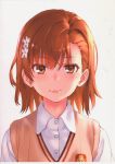  1girl absurdres bangs blush brown_eyes brown_hair collared_shirt dress_shirt eyebrows_visible_through_hair flower hair_between_eyes hair_flower hair_ornament highres looking_at_viewer misaka_mikoto parted_lips raika9 scan shirt simple_background solo sweater_vest to_aru_kagaku_no_railgun to_aru_majutsu_no_index upper_body white_background white_flower white_shirt 