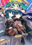  1boy 2girls ararecoa blue_eyes blue_hair boots byleth_(fire_emblem) byleth_eisner_(female) byleth_eisner_(male) carrying fire_emblem fire_emblem:_three_houses green_eyes green_hair grin highres multiple_girls navel navel_cutout pantyhose pointy_ears princess_carry smile sothis_(fire_emblem) sword weapon whip_sword 
