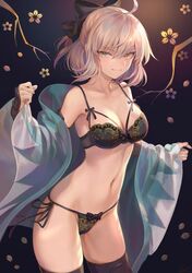  1girl ahoge bikini black_bikini breasts looking_at_viewer mashu_003 navel okita_souji_(fate) okita_souji_(fate)_(all) panties 