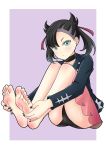  1girl asymmetrical_bangs asymmetrical_hair bangs bare_legs barefoot black_jacket black_nails feet highres jacket leafar legs mary_(pokemon) no_shoes pokemon pokemon_(game) pokemon_swsh pov_feet sitting soles toenails toes 