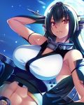  1girl bare_shoulders black_gloves black_hair blush breasts elbow_gloves eyebrows_visible_through_hair gloves hair_between_eyes hairband headgear kantai_collection large_breasts long_hair nagato_(kantai_collection) navel night night_sky red_eyes sky yuhji 