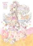  1boy 2020 animal_ears bell blush bow chinese_zodiac dated floral_print flower geta grey_eyes happy_new_year holding_mallet jingle_bell katana long_hair looking_at_viewer male_focus nengajou new_year original personification pink_bow pink_ribbon rat_boy rat_ears rat_tail ribbon sheath sheathed silver_hair socks sword tail tail_bell tail_ribbon takanashi_tsubasa weapon white_legwear wide_sleeves year_of_the_rat 