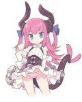  1girl bangs bare_shoulders blade_(galaxist) blue_eyes blue_ribbon blush bow closed_mouth cropped_legs curled_horns detached_sleeves dragon_girl dragon_horns dragon_tail elizabeth_bathory_(fate) elizabeth_bathory_(fate)_(all) eyebrows_visible_through_hair fate/extra fate/extra_ccc fate_(series) grey_skirt hair_between_eyes hair_ribbon hand_on_hip horns long_hair long_sleeves panties pink_bow pink_hair pleated_skirt pointy_ears ribbon shirt simple_background skirt sleeveless sleeveless_shirt smile solo striped striped_panties tail two_side_up underwear very_long_hair white_background white_shirt white_sleeves 