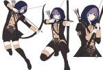  1girl arrow bandages bernadetta_von_varley bike_shorts boots bow_(weapon) closed_mouth fire_emblem fire_emblem:_three_houses from_side garreg_mach_monastery_uniform grey_eyes highres holding holding_arrow holding_bow_(weapon) holding_weapon hood hood_up knee_boots long_sleeves multiple_views muntjac_art parted_lips purple_hair quiver short_hair simple_background uniform weapon white_background 