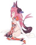  1girl armor armored_boots bikini_armor black_legwear blade_(galaxist) blue_eyes boots breasts cape curled_horns dragon_girl dragon_horns dragon_tail elizabeth_bathory_(brave)_(fate) elizabeth_bathory_(fate)_(all) fate/extra fate/grand_order fate_(series) full_body hair_ribbon high_heel_boots high_heels horns knee_boots long_hair looking_away oversized_clothes pauldrons pink_hair pointy_ears profile purple_ribbon red_armor red_footwear ribbon shoes sidelocks simple_background sitting small_breasts solo spiked_shoes spikes string_bikini tail thigh-highs thighhighs_under_boots tiara two_side_up vambraces very_long_hair wariza white_background white_cape 
